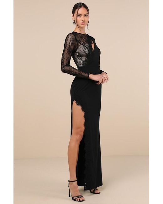 Lulus Black Flawlessly Confident Lace Asymmetrical Cutout Maxi Dress