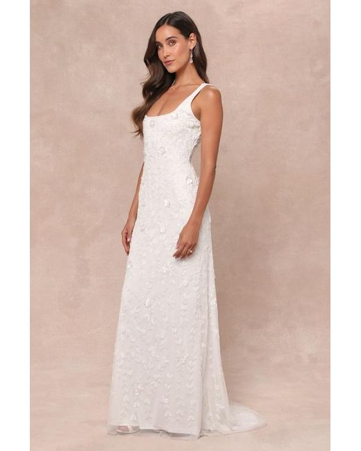 Lulus Natural Extraordinary Glamour 3D Floral Beaded Backless Maxi Dress