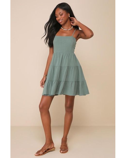 Lulus Green Make A Day Of It Cutout Tiered Mini Dress