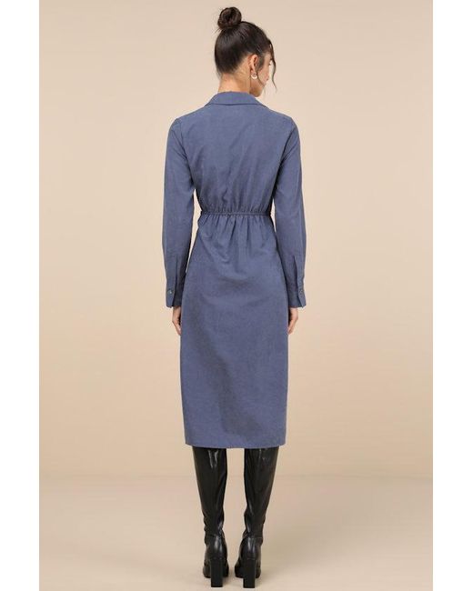 Lulus Blue Autumnal Views Dark Suede Button-Up Tie-Front Midi Dress