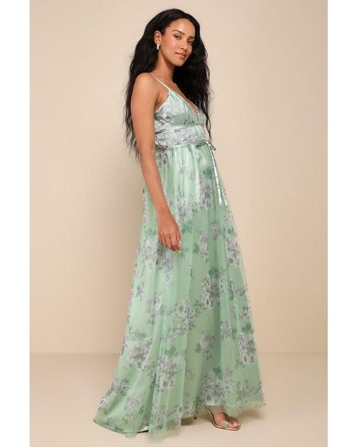 Lulus Green Delightful Invitation Floral Tulle Sleeveless Maxi Dress