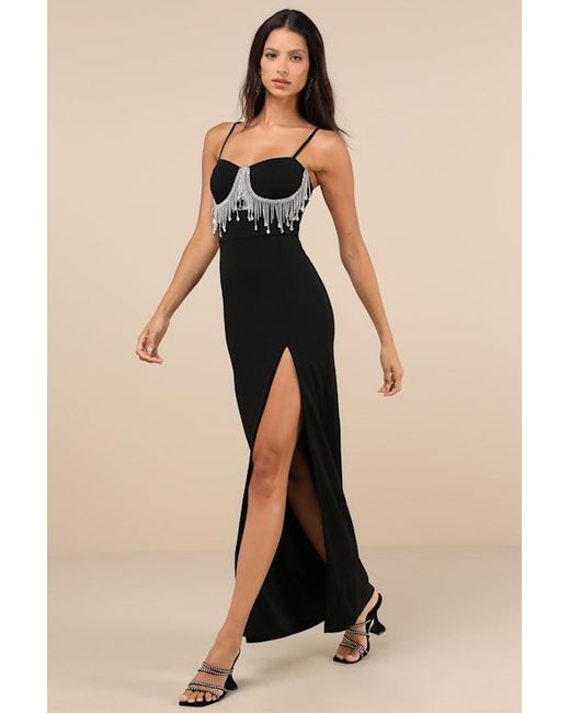 Lulus Natural Divine Extravagance Rhinestone Fringe Bustier Maxi Dress