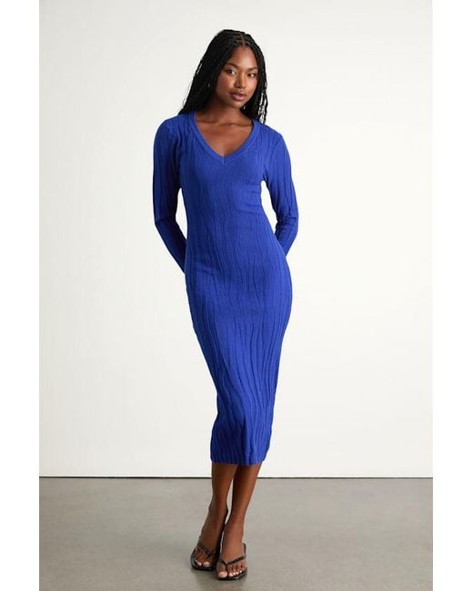 Lulus Blue High Appeal Textured V-Neck Midi Sweater Dress