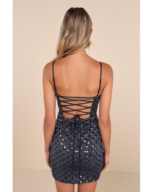 Lulus Blue Shimmering Vibes Lurex Sequin Lace-Up Mini Dress