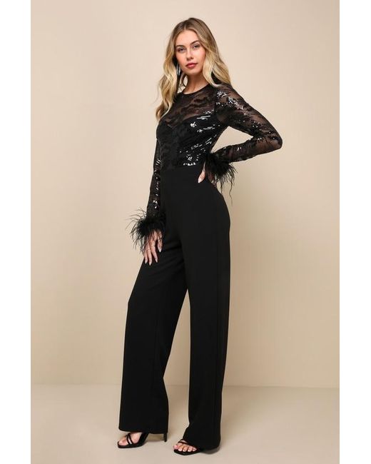 Lulus Black Limitless Radiance Sequin Feather Long Sleeve Jumpsuit