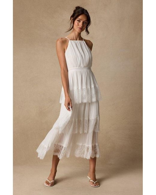 Lulus Natural Came For Cocktails Pleated Tiered Lace Maxi Dress