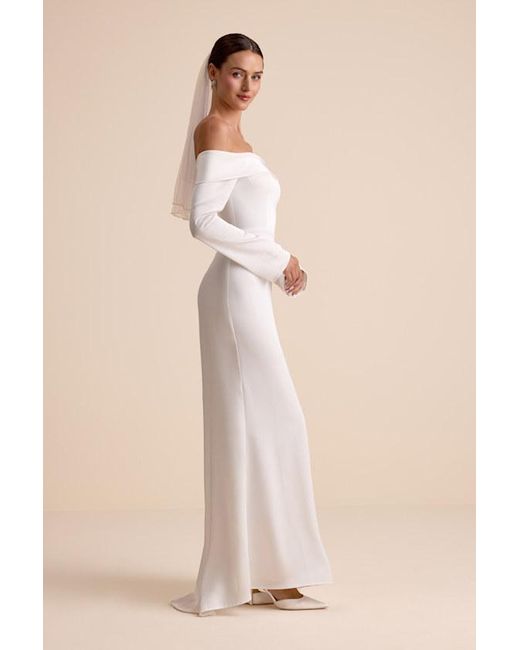 Lulus Natural Saintclair Satin Off-The-Shoulder Long Sleeve Maxi Dress