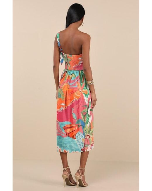 Lulus Blue Hilinai Multi Tropical Print Wrap Midi Dress