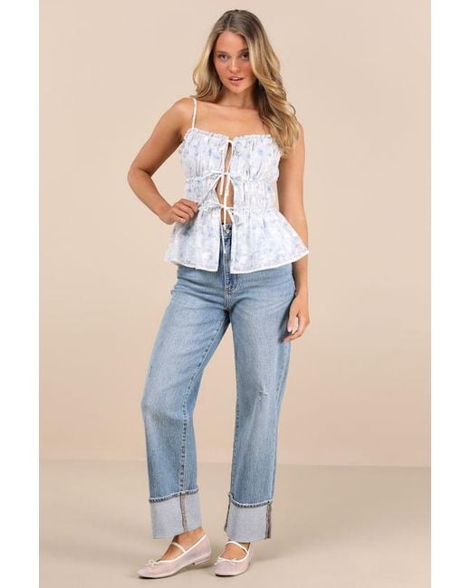 Lulus Blue Mariasole Floral Lace Tie-Front Cami Top