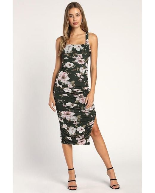 Lulus Green V.I.P. Treatment Floral Mesh Ruched Bodycon Midi Dress