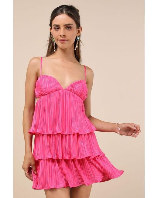 Lulus Pink Sleek Dedication Satin Plisse Cutout Tiered Mini Dress
