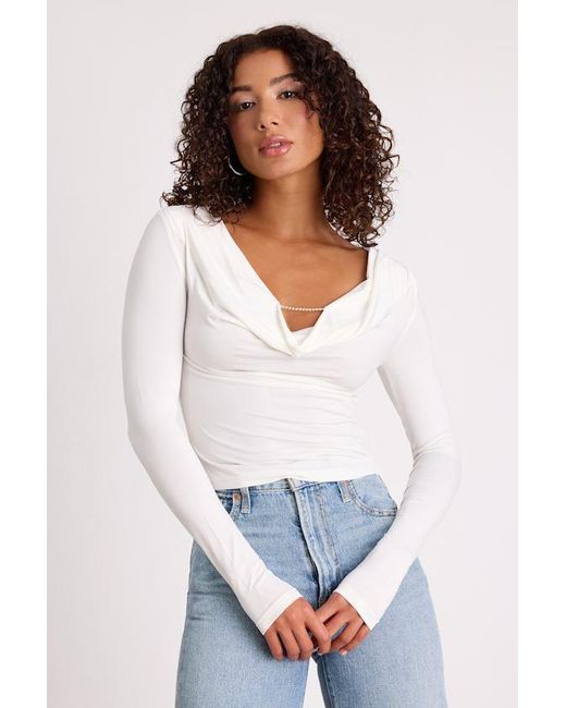 Lulus White Zeffie Cowl Neck Rhinestone Long Sleeve Top