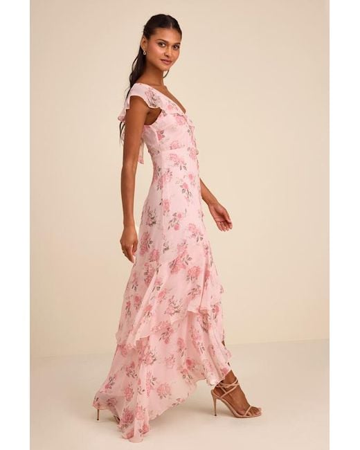 Lulus Pink Velma Blush Floral Ruffled Asymmetrical Maxi Dress
