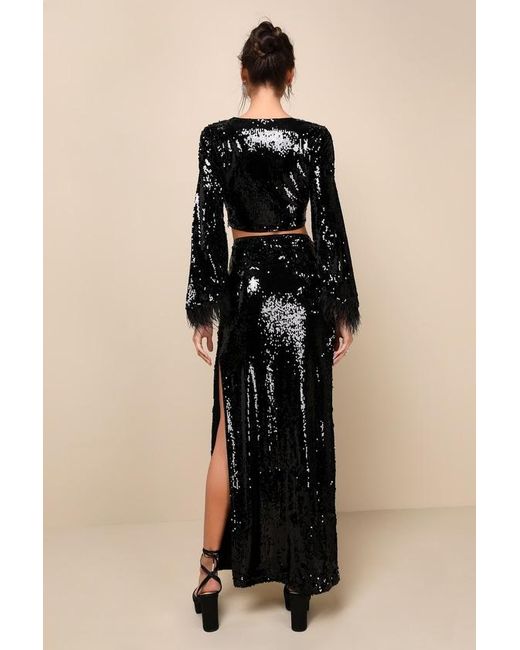 Lulus Natural Glowing Icon Sequin Feather Two-Piece Maxi Dress