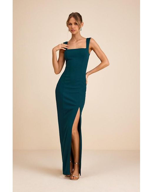 Lulus Blue Inspiring Allure Hunter Square Neck Column Maxi Dress