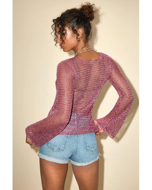 Lulus Purple Kahele Shiny Sheer Open-Knit Long Sleeve Tunic Top