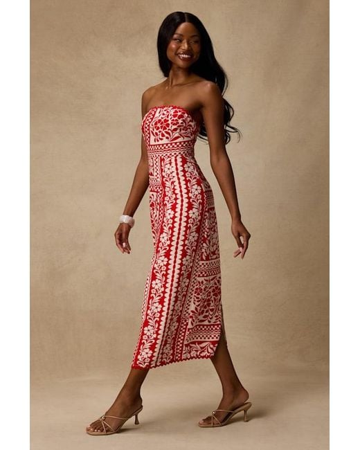 Lulus Red Brigita Striped Strapless Column Midi Dress
