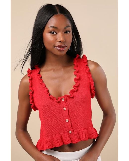 Lulus Red Smiling Sweetie Bright Knit Ruffled Sleeveless Sweater Top