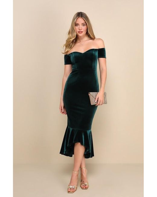 Lulus Multicolor How Much I Care Emerald Velvet Off-The-Shoulder Midi Dress