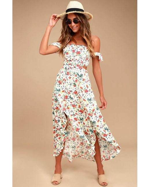 Lush Natural Easy On The Eyes Cream Floral Print Off-The-Shoulder Maxi Dress