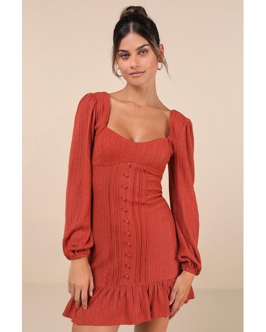 Lulus Red Coveted Sweetness Rust Pointelle Knit Long Sleeve Mini Dress