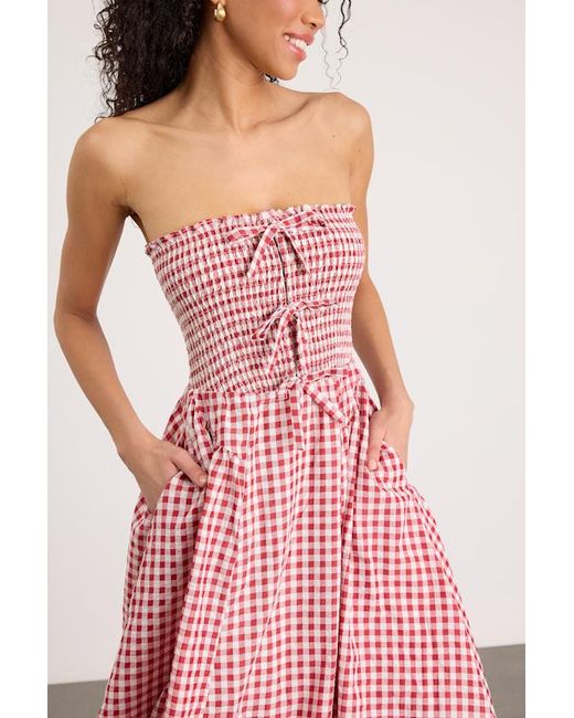 Lulus Pink Clementina Gingham Smocked Midi Dress