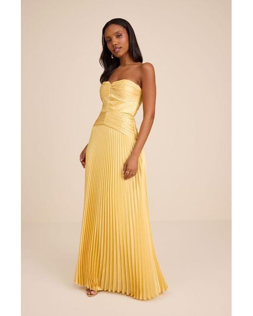 Lulus Yellow Elkay Pleated Satin Drop Waist Maxi Dress