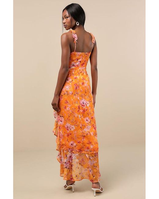 Lulus Orange Lovable Spirit Floral Burnout Ruffled High-Low Maxi Dress