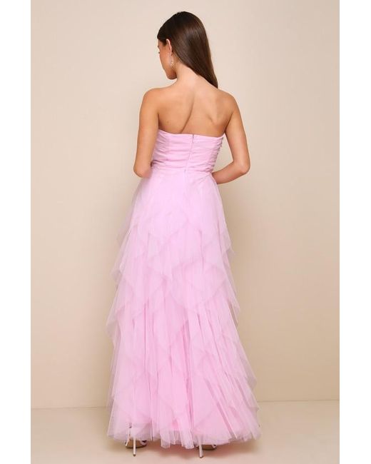 Lulus Pink Delightful Beauty Mesh Strapless Ruched Ruffled Maxi Dress