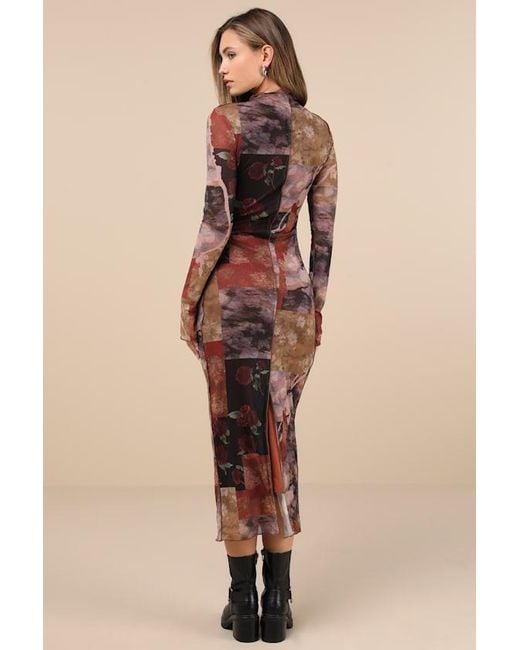 Lulus Natural Aesthetic Adoration Multi Floral Mesh Long Sleeve Midi Dress