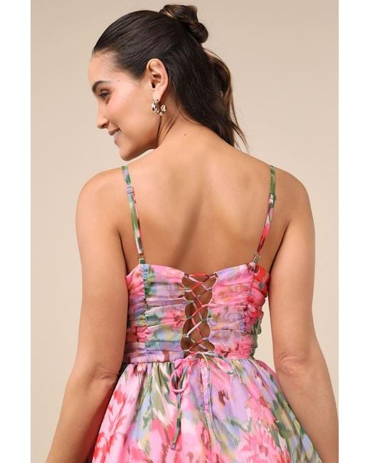 Lulus Evonne Abstract Floral Tiered Mini Skater Dress