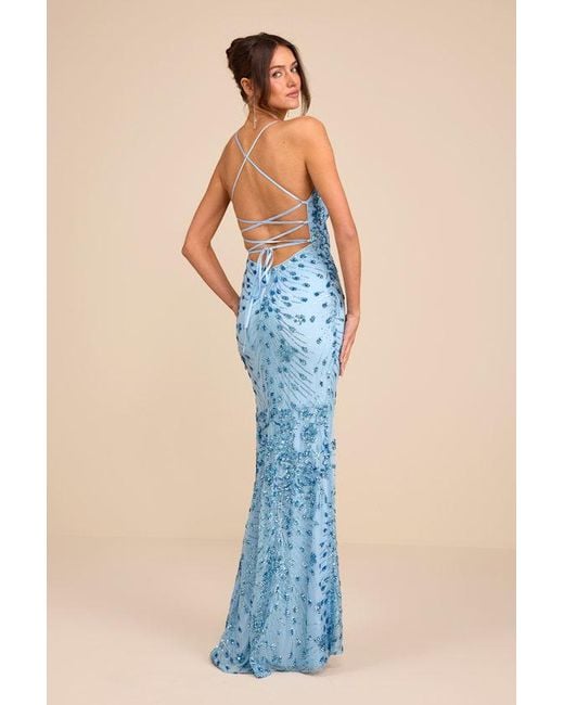 Lulus Photo Finish Sequin Lace-Up Maxi Dress in Blue | Lyst