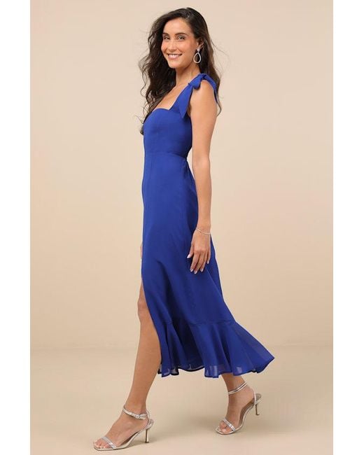 Lulus Blue Summer Invite Tie-Strap Tiered Midi Dress