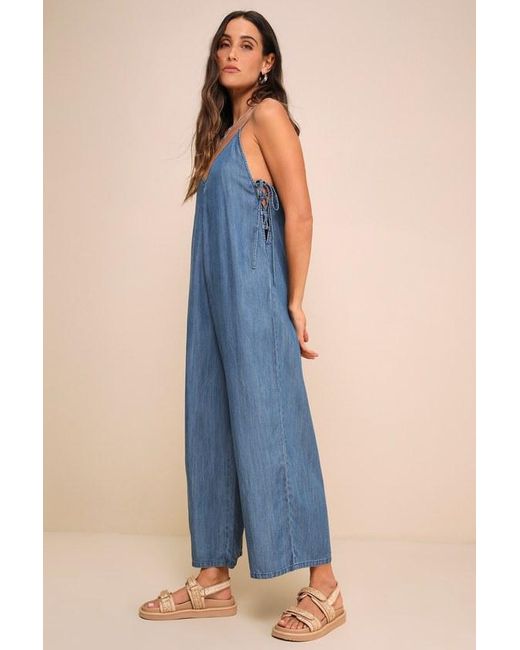 Lulus Blue Comfortably Posh Medium Wash Chambray Wide-Leg Jumpsuit