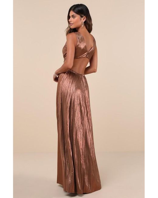 Lulus Brown Shining Luxury Bronze Metallic Lurex Cutout Maxi Dress