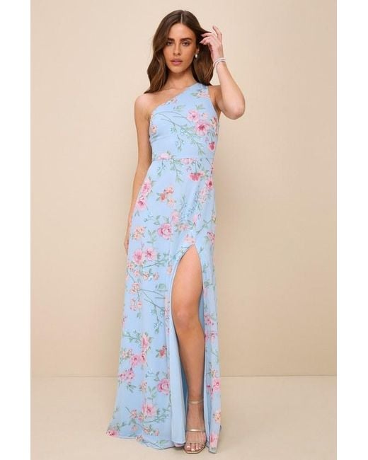 Lulus Blue Elegant Admiration Floral One-Shoulder Maxi Dress