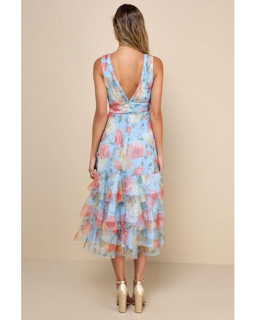 Lulus Blue Perfectly Divine Floral Tulle Tiered Ruffled Midi Dress