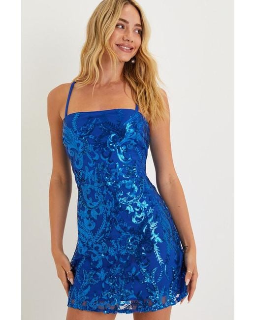 Lulus Blue Divine Energy Sequin Lace-Up A-Line Mini Dress