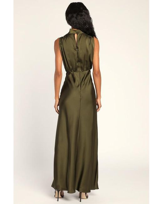 Lulus Green Classic Elegance Satin Sleeveless Mock Neck Maxi Dress