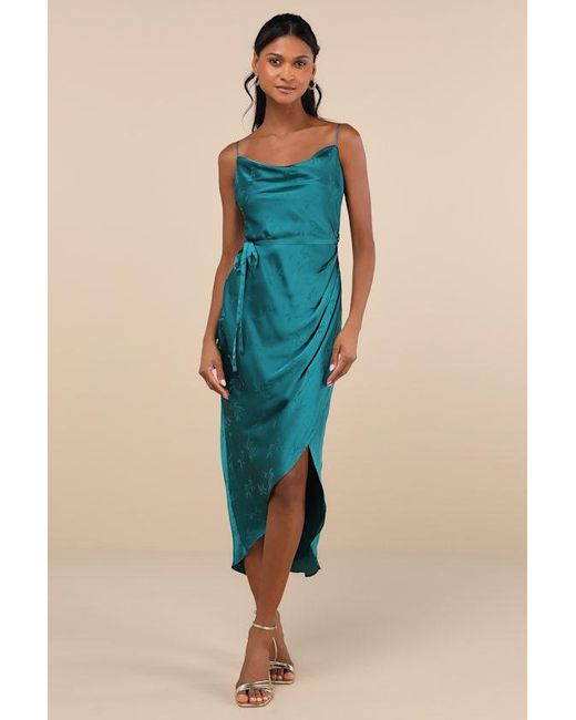 Lulus Blue Sophisticated Sight Satin Jacquard Cowl Midi Dress
