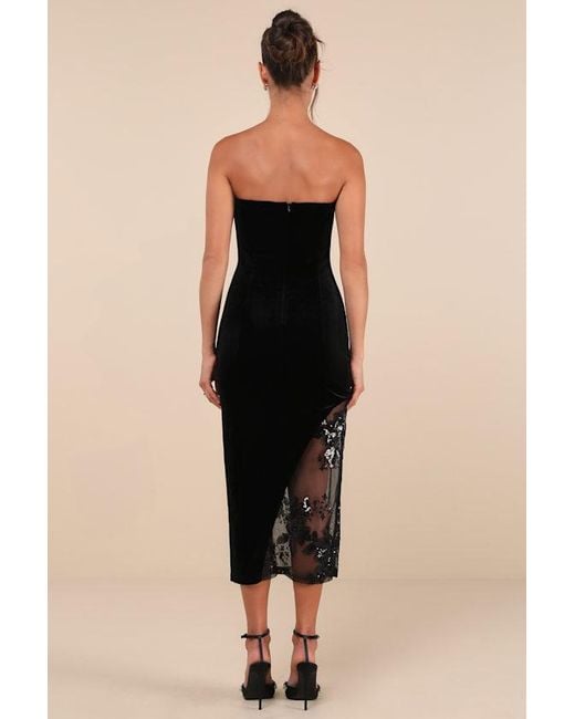 Lulus Black Feeling So Luxe Velvet Mesh Sequin Strapless Midi Dress