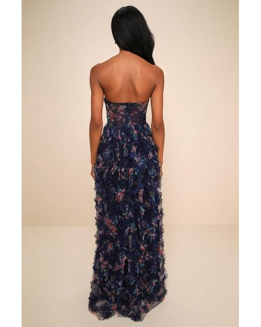 Lulus Blue Stunning Element Floral Mesh Ruffled Strapless Maxi Dress