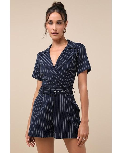 Lulus Blue Stylish Essence Pinstriped Short Sleeve Belted Romper