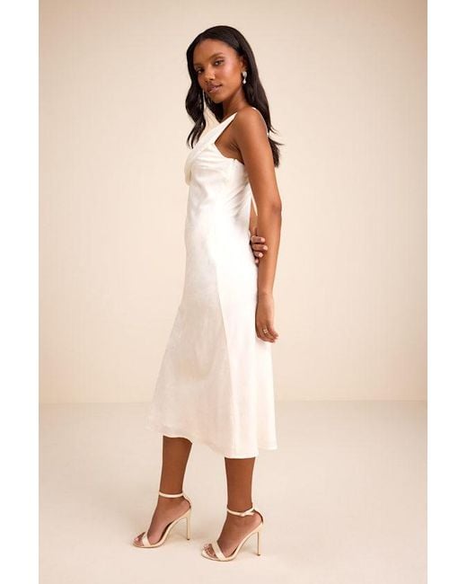 Lulus Natural Cavani Satin Asymmetrical Midi Dress