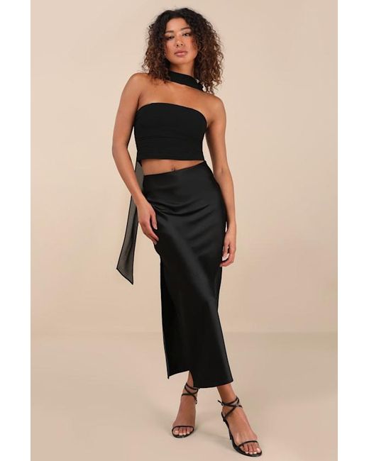 Lulus Black Marlette Strapless Crop Top And Scarf Set