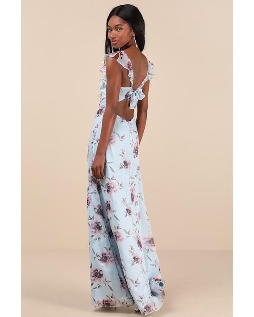 Lulus Blue Sweetest Entrance Floral Ruffled Tie-Back Maxi Dress