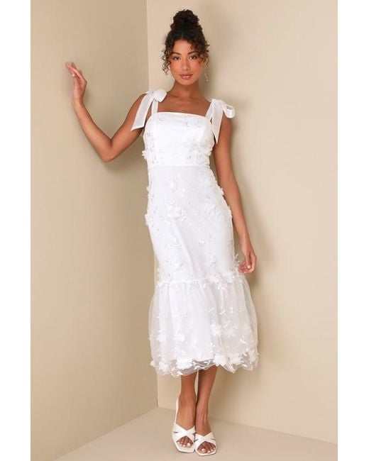 Lulus Natural Divinely Adored Embroidered Floral Tie-Strap Midi Dress
