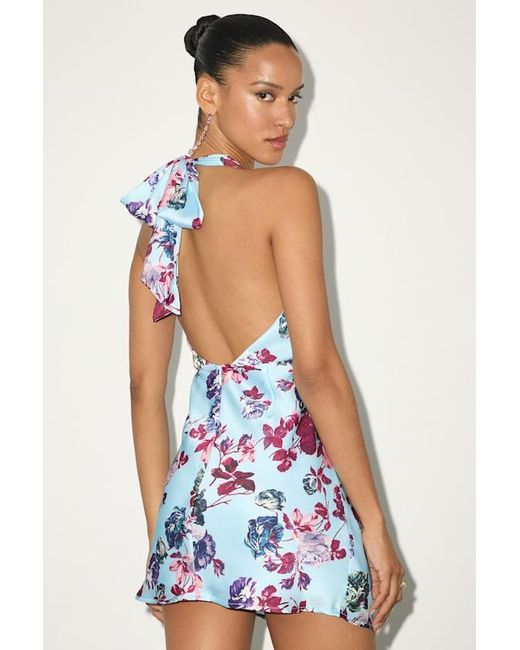 Lulus Blue Zhenya Floral Satin Halter Mini Dress