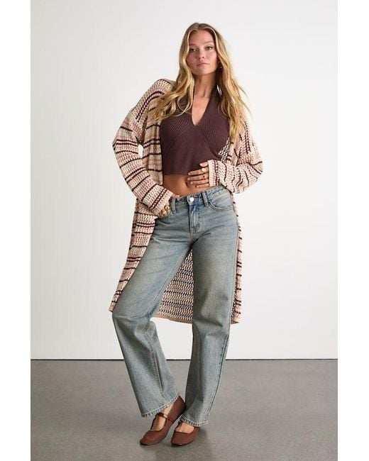 Lulus Natural Breezy Strolls Multi Striped Crochet Long Cardigan