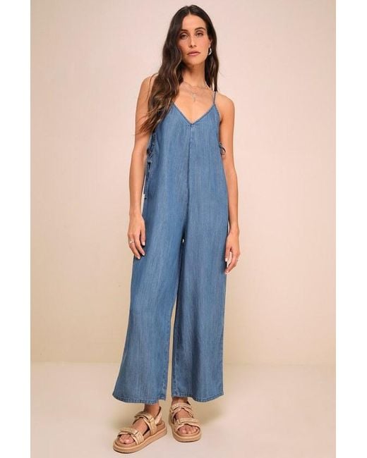 Lulus Blue Comfortably Posh Medium Wash Chambray Wide-Leg Jumpsuit